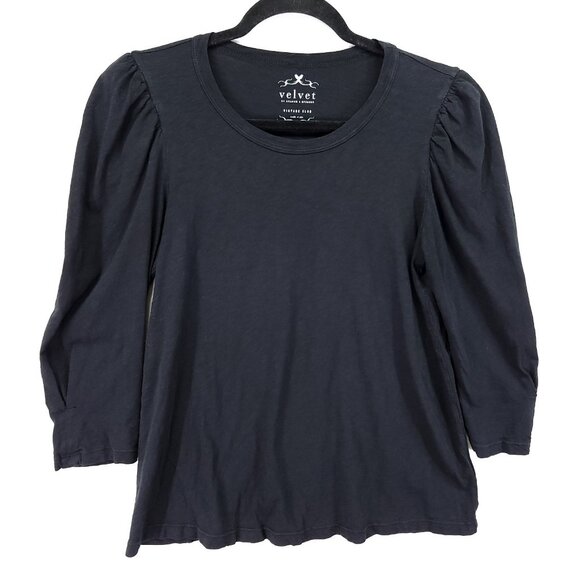 VELVET Graham & Spencer Angelina Black Top Small Pleated Quarter Puff Sleeve - Picture 1 of 11